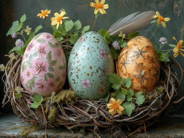 Três ovos de Páscoa no ninho com flores e penas