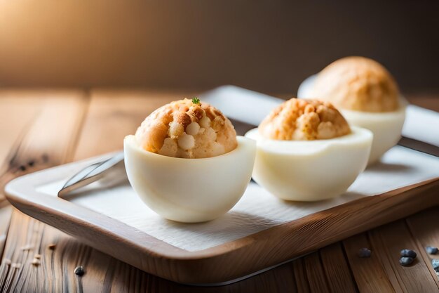 Foto três ovos numa bandeja com uma colher e uma faca