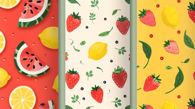 Três padrões sem costura com ilustrações a aquarela de frutas e bagas Perfeito para papel de parede de tecido e decoração doméstica
