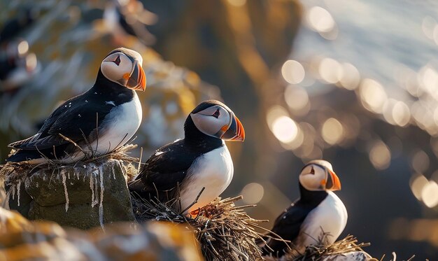 Foto tres pájaros bebés están de pie en un nido con el sol brillando sobre ellos