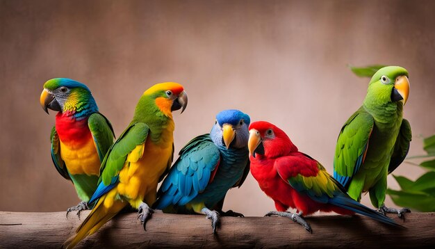 Foto tres pájaros de colores están en una rama con uno de ellos tiene un color azul y verde