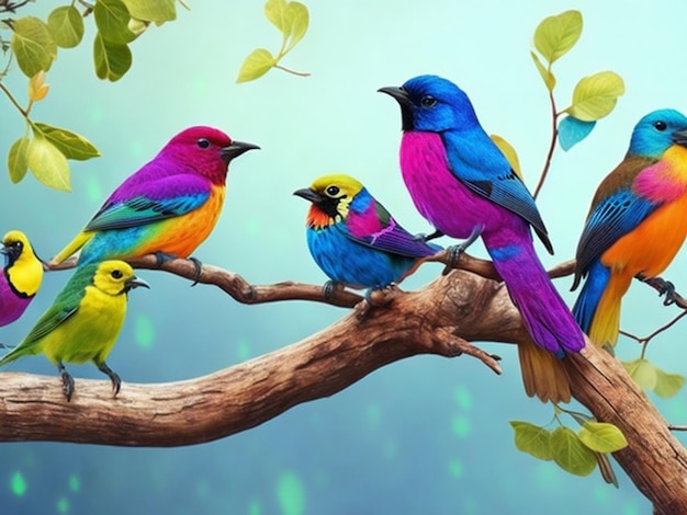Tres pájaros de colores en una rama con uno de ellos tiene un pájaro de color azul, verde y amarillo, azul, púrpura y verde, amarillo y naranja.