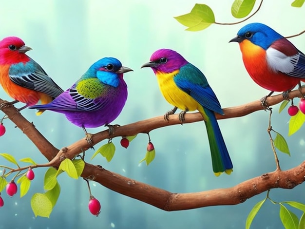 Tres pájaros de colores en una rama con uno de ellos tiene un verde, azul y amarillo, verde, azul, y púrpura, verde y amarillo.