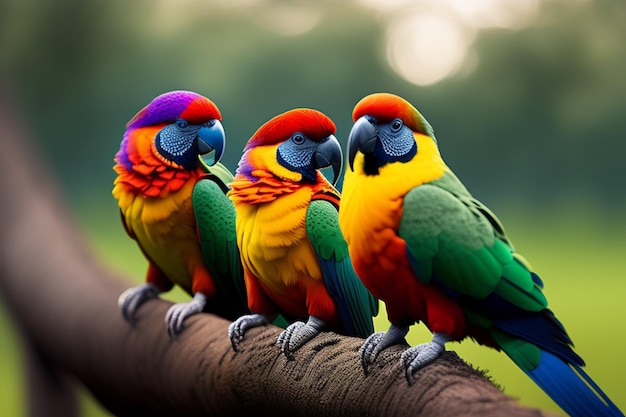 Tres pájaros coloridos están sentados en una rama con la palabra amor.