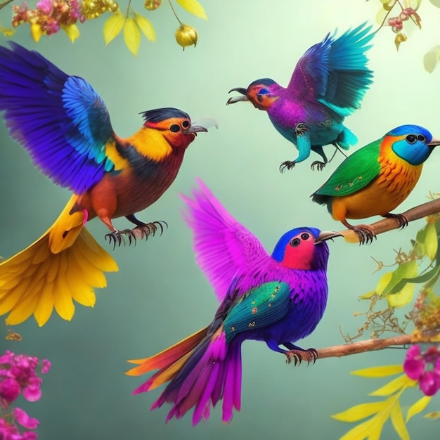 Foto tres pájaros coloridos están sentados en una rama con uno sostenido por el otro.