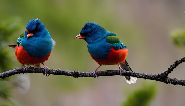 tres pájaros están posados en una rama una de las cuales es roja verde y azul