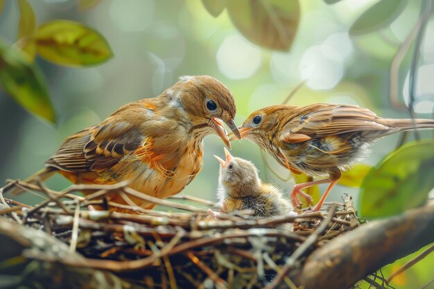 Tres pájaros están sentados en un nido con uno de ellos siendo un bebé