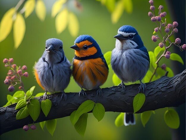 tres pájaros están sentados en una rama de un árbol uno de los cuales tiene una banda de cabeza azul