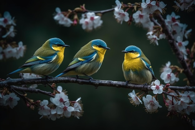 Tres pájaros posados en una rama con flores blancas al fondo