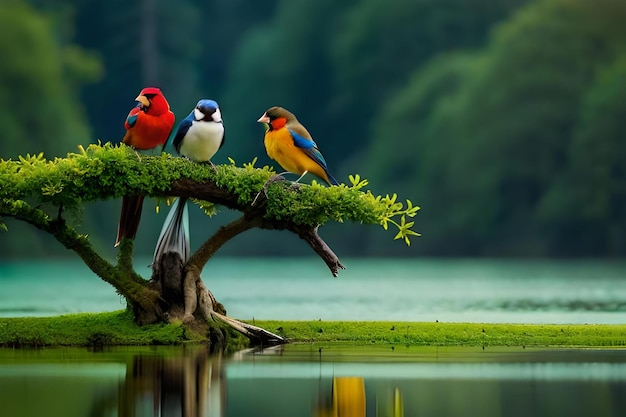 Tres pájaros en una rama de árbol con agua en el fondo.