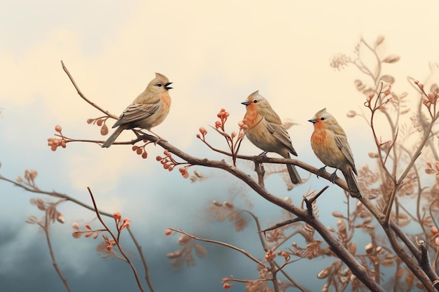 tres pájaros en una rama con un cielo nublado en el fondo