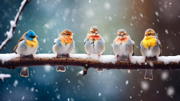 Foto tres pájaros en una rama con nieve en el fondo