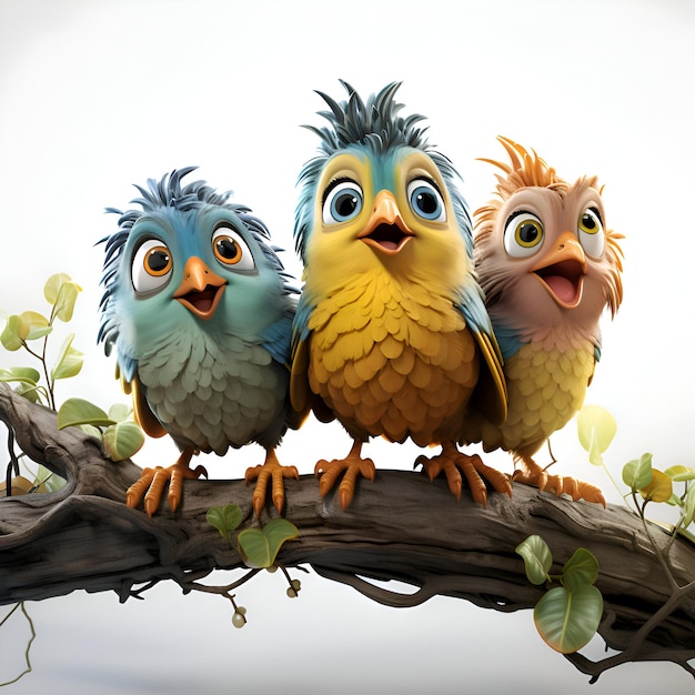 Tres pájaros sentados en una rama de un árbol 3d ilustrado