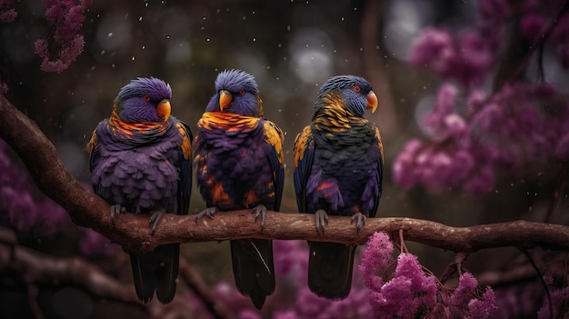 Tres pájaros sentados en una rama con flores de color púrpura en el fondo