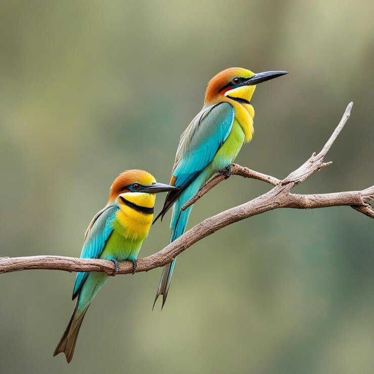 Tres pájaros sentados en una rama en un hermoso fondo plano