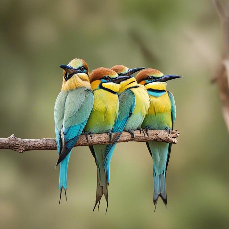 Tres pájaros sentados en una rama en un hermoso fondo plano