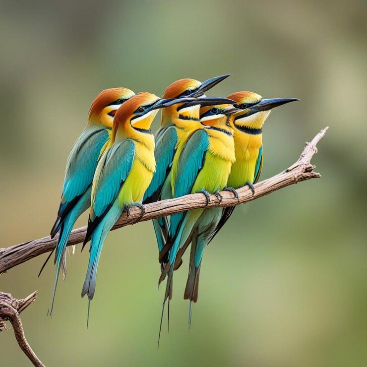 Tres pájaros sentados en una rama en un hermoso fondo plano
