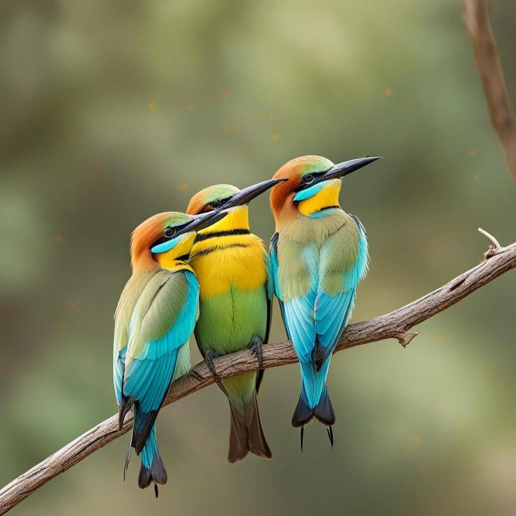 Tres pájaros sentados en una rama en un hermoso fondo plano