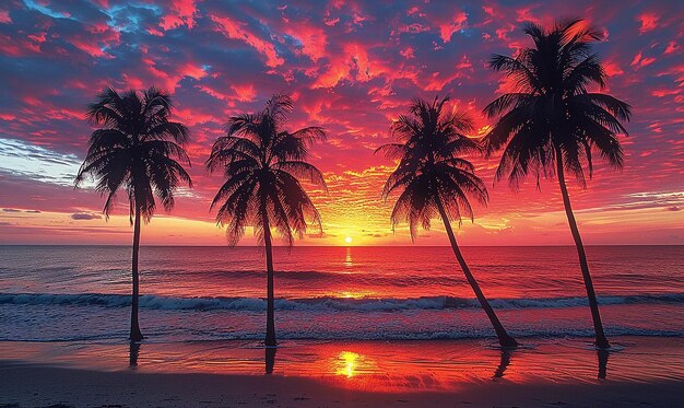 Três palmeiras estão na praia e o sol está a pôr-se