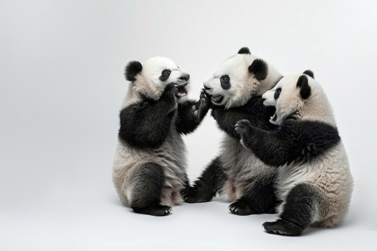 Foto tres pandas en el encanto blanco y negro