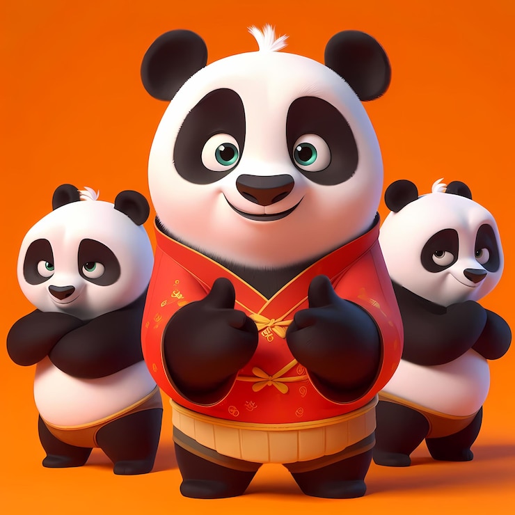 Foto tres pandas están de pie frente a un fondo amarillo