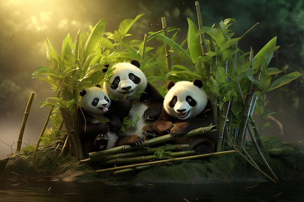 Foto tres pandas están sentados en una canasta con bambú en el fondo