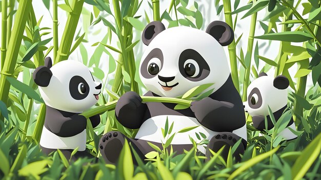tres pandas están sentados en la hierba uno de los cuales es un panda