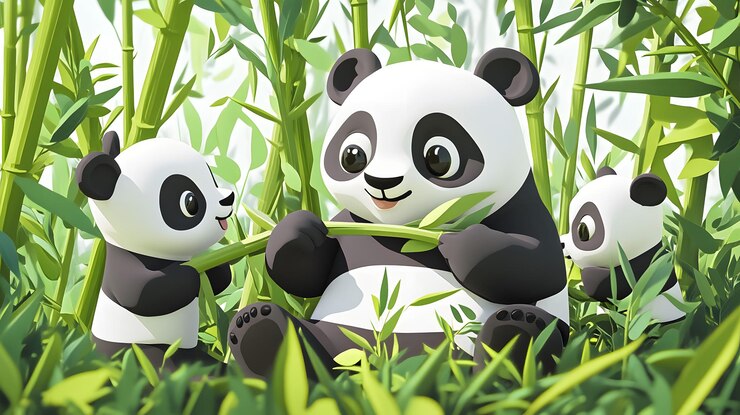 Foto tres pandas están sentados en la hierba uno de los cuales es un panda