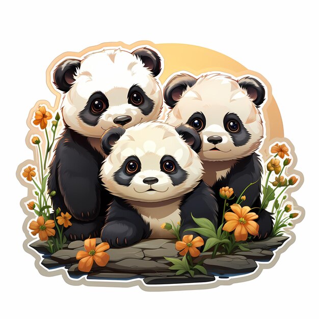 tres pandas están sentados en una roca con flores en el fondo