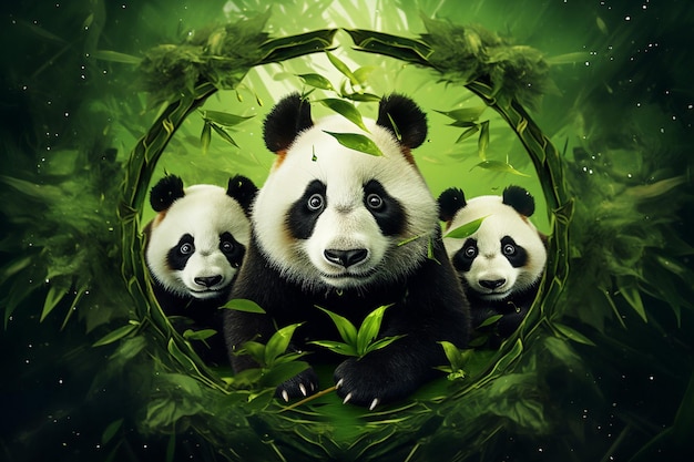 Foto três pandas estão em um círculo de folhas e um tem um olho preto e o outro diz pandas