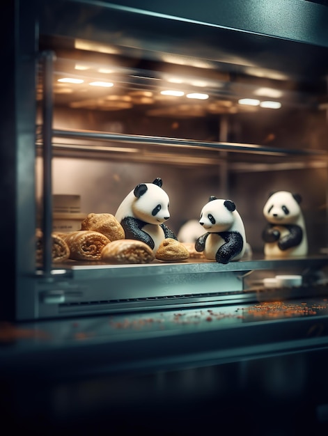Três pandas estão sentados em um forno com comida exposta.