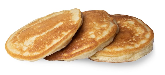 Foto tres panqueques dorados gruesos fritos para el desayuno o la merienda