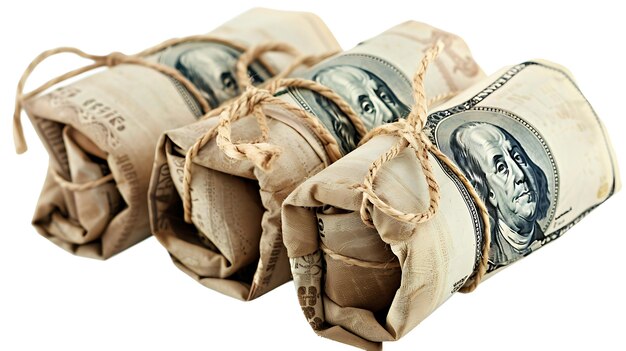 Foto tres paquetes de billetes de cien dólares envueltos en papel marrón y atados con una cuerda sobre un fondo blanco
