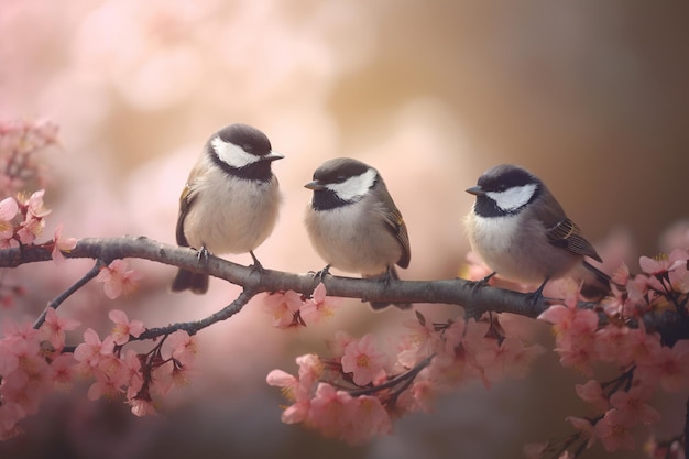 Três passarinhos em um galho com flores cor de rosa