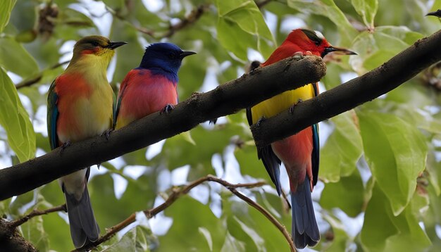 Foto três pássaros coloridos estão sentados em um galho de árvore