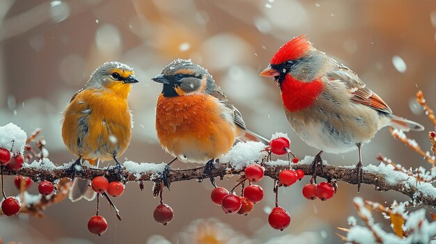 Foto três pássaros em um ramo com bagas vermelhas na neve