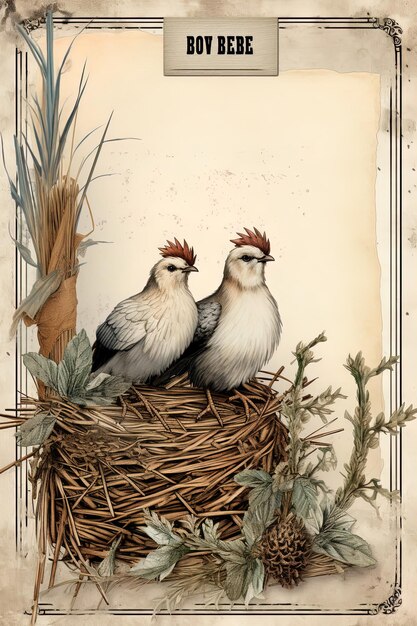 Foto três pássaros estão sentados em um ninho com uma imagem de uma planta