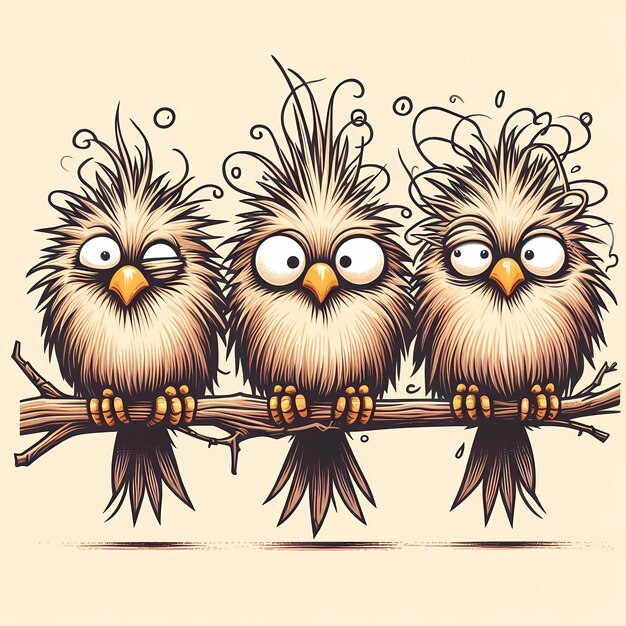 Foto três pássaros estupefatos sentados um ao lado do outro em um galho pássaros engraçados