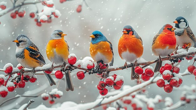 três pássaros sentados em um ramo com bagas vermelhas na neve