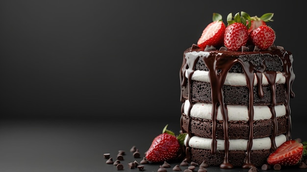 Tres pasteles de chocolate con gotas de chocolate en un fondo negro pastel en capas con leche souffle de chocolate negro y blanco decorado con fresas en la parte superior fondo de confitería con espacio de copia