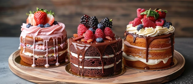 Tres pasteles con frutas en una bandeja de madera