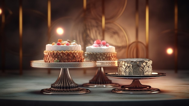Tres pasteles en un soporte plateado para pasteles con uno que dice "pastel"
