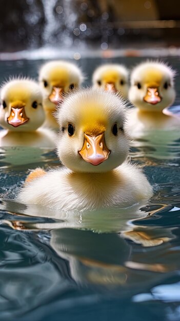 Foto três patinhos estão nadando na água.