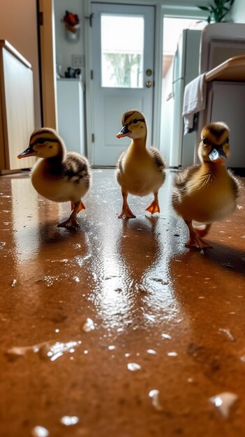 Foto três patos andam em um chão molhado com as palavras patinhos na frente.