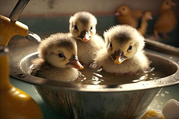 Três patos em uma tigela com um deles sendo alimentado por um pato.