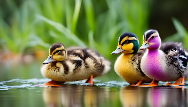 tres patos están alineados en un estanque uno de los cuales tiene un pato amarillo naranja y negro