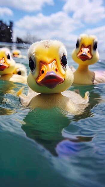 Foto três patos estão nadando na água com as cabeças para baixo