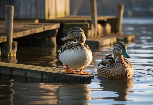 Foto três patos estão sentados em uma borda um tem uma cabeça verde