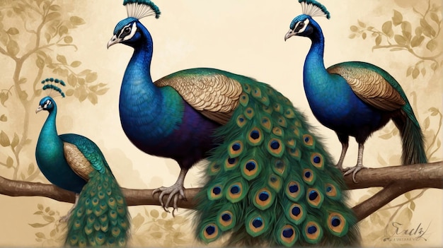 Foto tres pavos reales están sentados en una rama de un árbol, uno es azul y el otro es verde