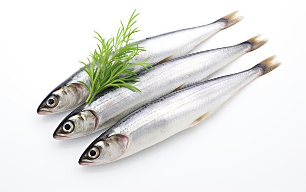 Foto tres peces frescos con eneldo sobre un fondo blanco